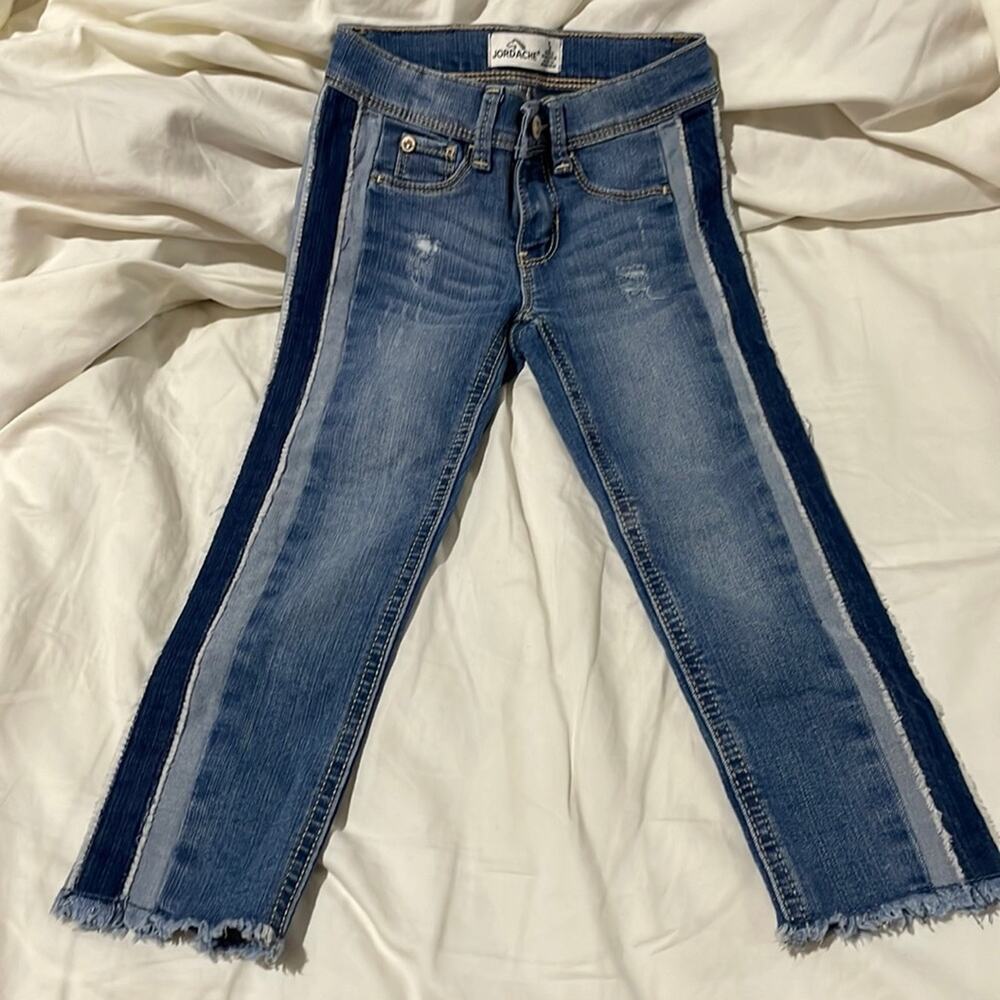 Jordache 5 stretch jeans frayed ankle mixed jean blues leg stripe on side nwot